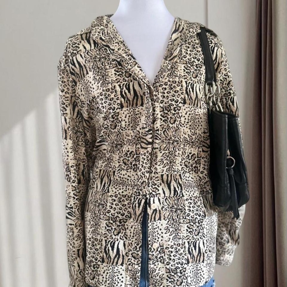 Alfred Dunner Womens Patchwork Animal Print Button Down Blouse Tan Black Size 14